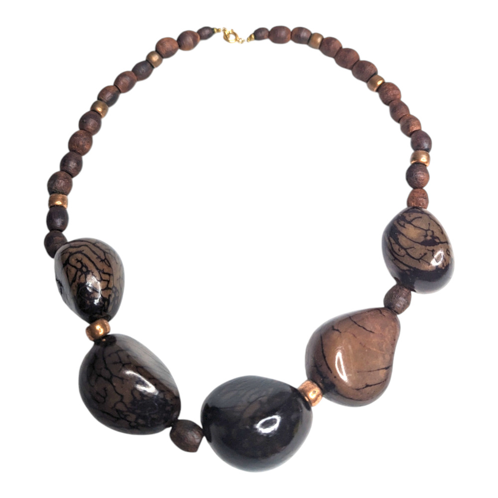Chunky Wood and Seed Bead Statement Necklace Brown Boho Organic Handcrafted‎ Vtg
